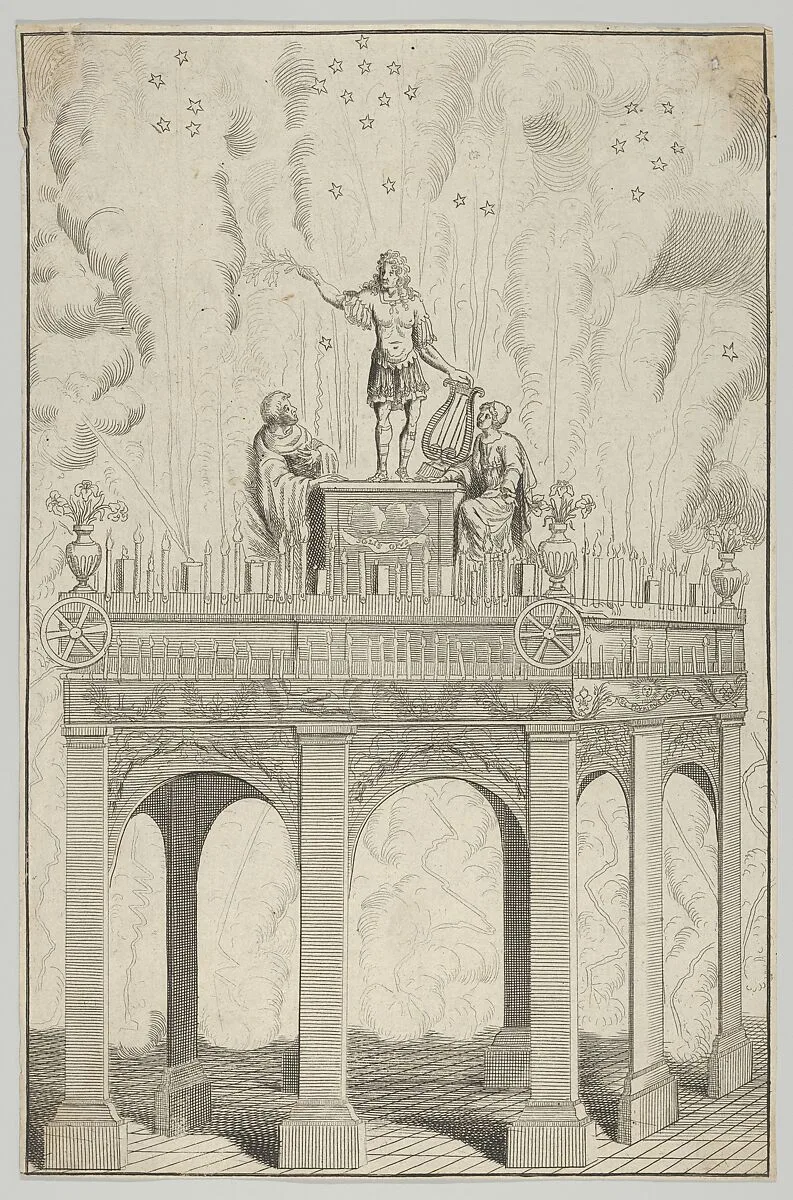 Triumphal arch with sculpture of Louis XIV as Apollo and fireworks in the background — Anonymous, French, 17th century