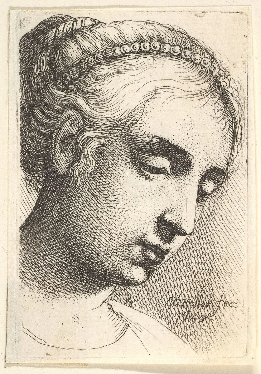 Woman with string of pearls in her hair looking downwards to right — Wenceslaus Hollar