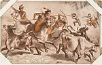 Pioneers Fighting an Indian Raid from Indians and Western Historical Scenes series (W417) — Unknown