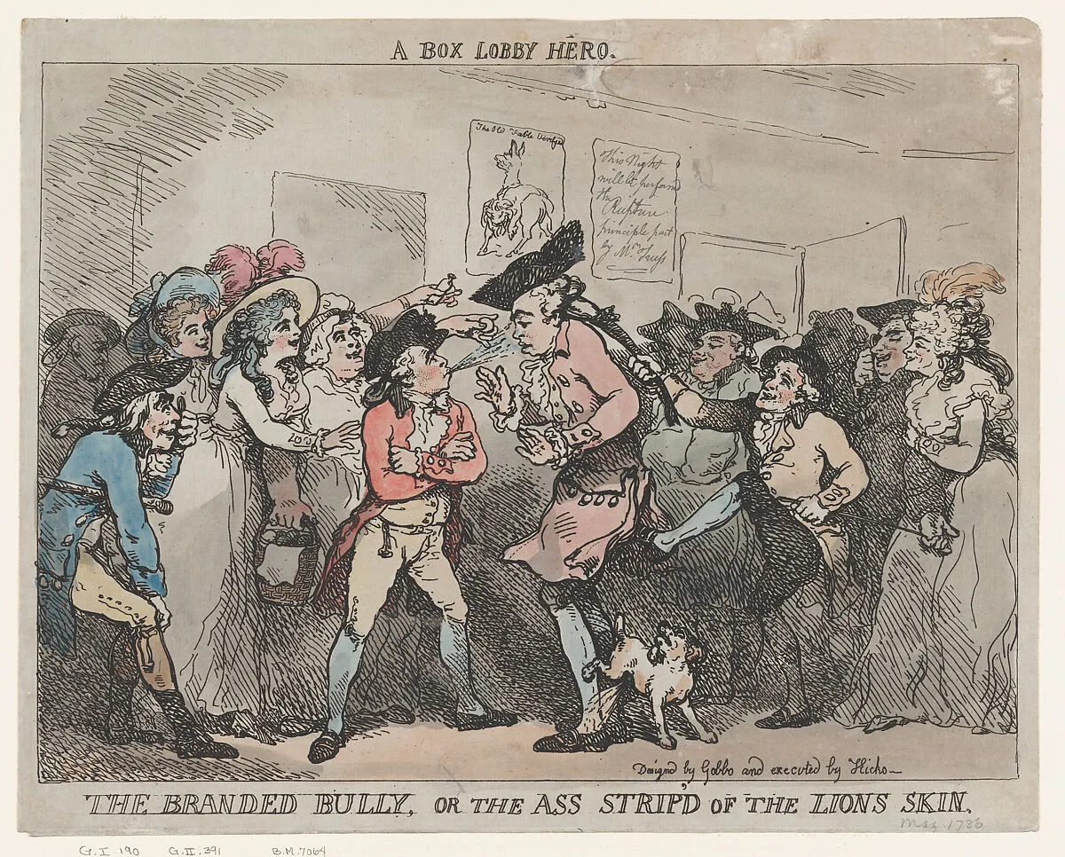 A Box Lobby Hero, The Branded Bully, or The Ass Stripp'd of the Lion's Skin. — Thomas Rowlandson