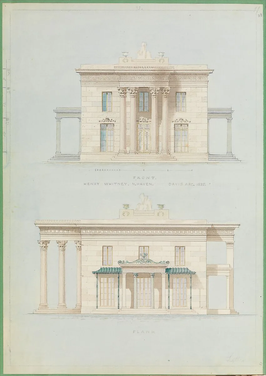 House for Henry Whitney, New Haven, Connecticut (front and side elevations) — Alexander Jackson Davis
