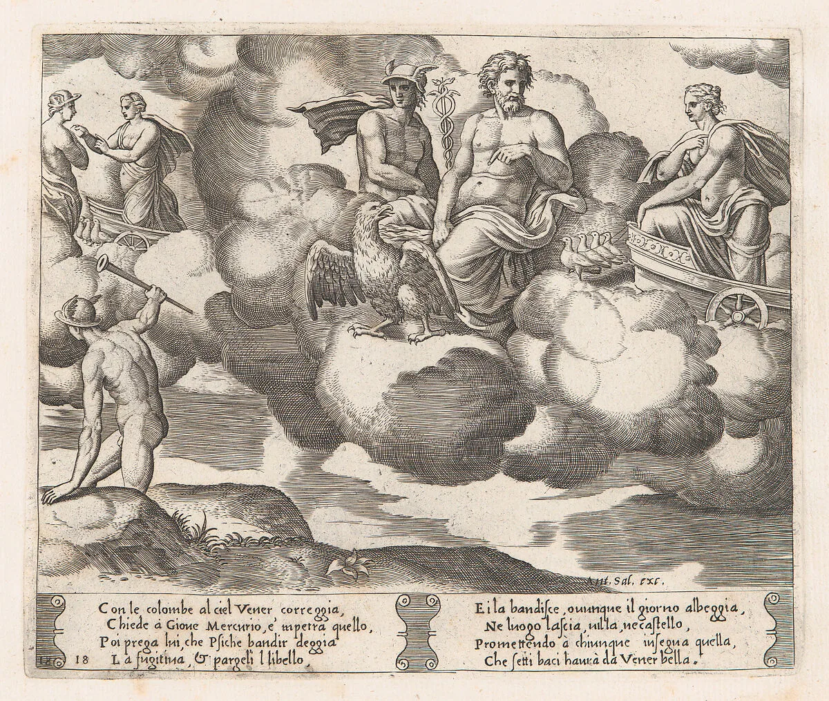 Plate 18: Venus in her dove-drawn chariot complaining to Jupiter, who is accompanied by Mercury and an eagle, at left Mercury has descended to earth, from "The Story of Cupid and Psyche as told by Apuleius" — Antonio Salamanca|Master of the Die|Michiel Coxie (I)