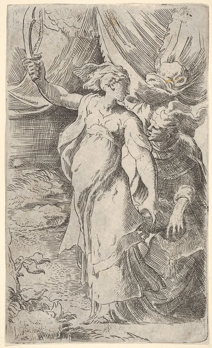 Judith with the head of Holofernes, which she places into a sack held by the figure behind her, she bears a sword in her outstretched right arm — Parmigianino (Girolamo Francesco Maria Mazzola)