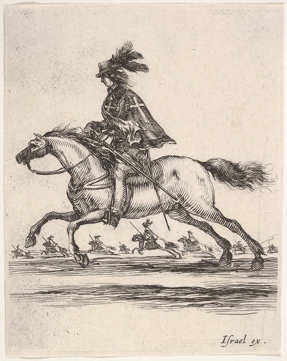 A muskateer galloping towards the left, other horsemen galloping towards the left in background, from 'Various cavalry exercises' (Diverses exercices de cavalerie) — Stefano della Bella|Israël Henriet
