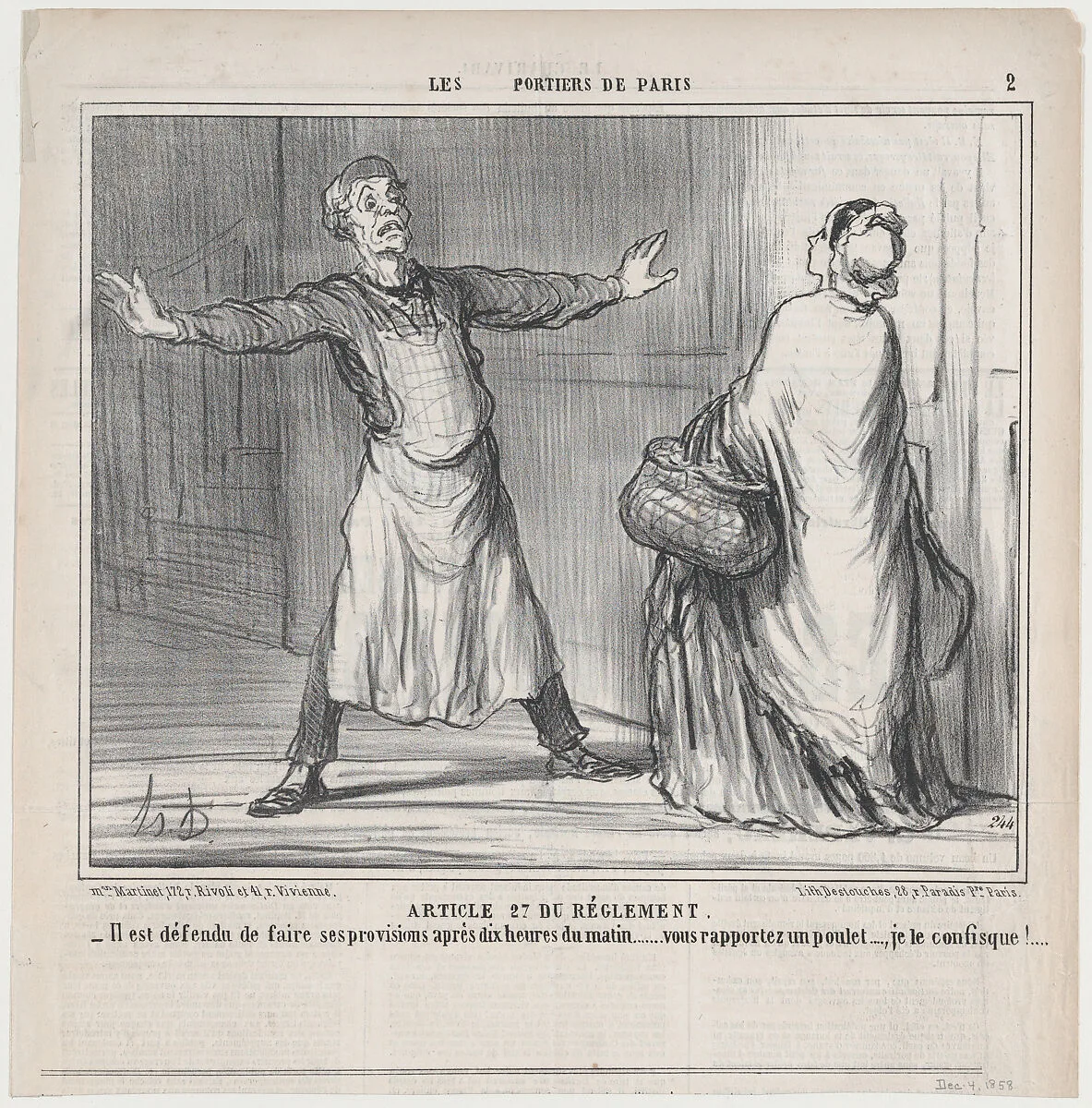Article 27 du Réglement, from Les Portiers de Paris, published in Le Charivari, December 4, 1858 — Aaron Martinet|Honoré Daumier|Destouches
