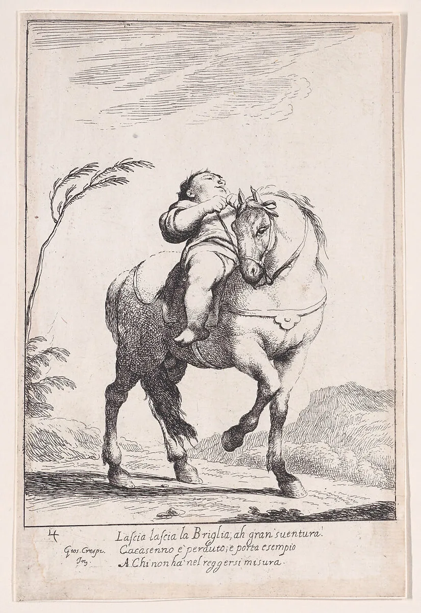 Plate 18: Cacasenno on horseback, from "Bertoldo, Bertoldino, and Cacasenno" — Giuseppe Maria Crespi