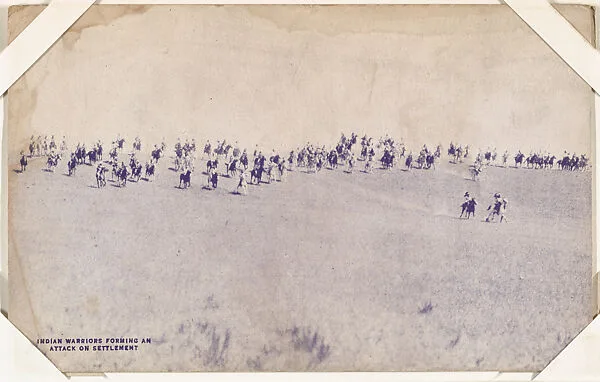 Indian warriors forming an attack on settlement from Indians and Western Scenes series (W417) — Unknown