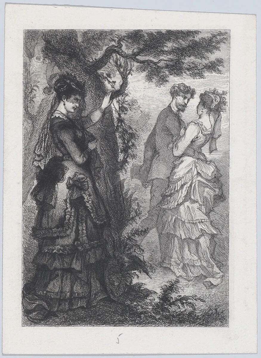 A Woman Watching a Couple from Behind a Tree — J. Cariven