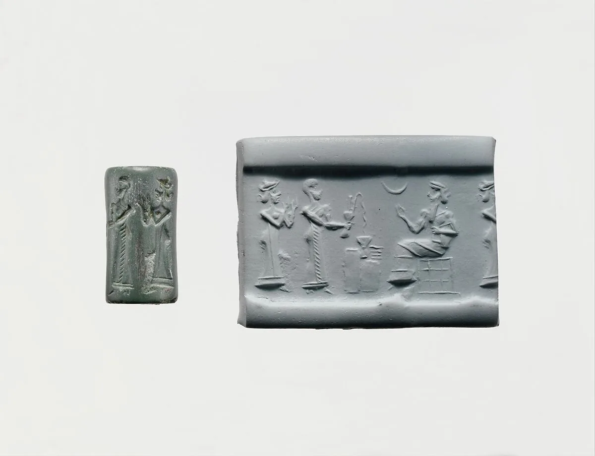 Cylinder seal and modern impression: worshiper pouring a libation before a seated god — Unknown