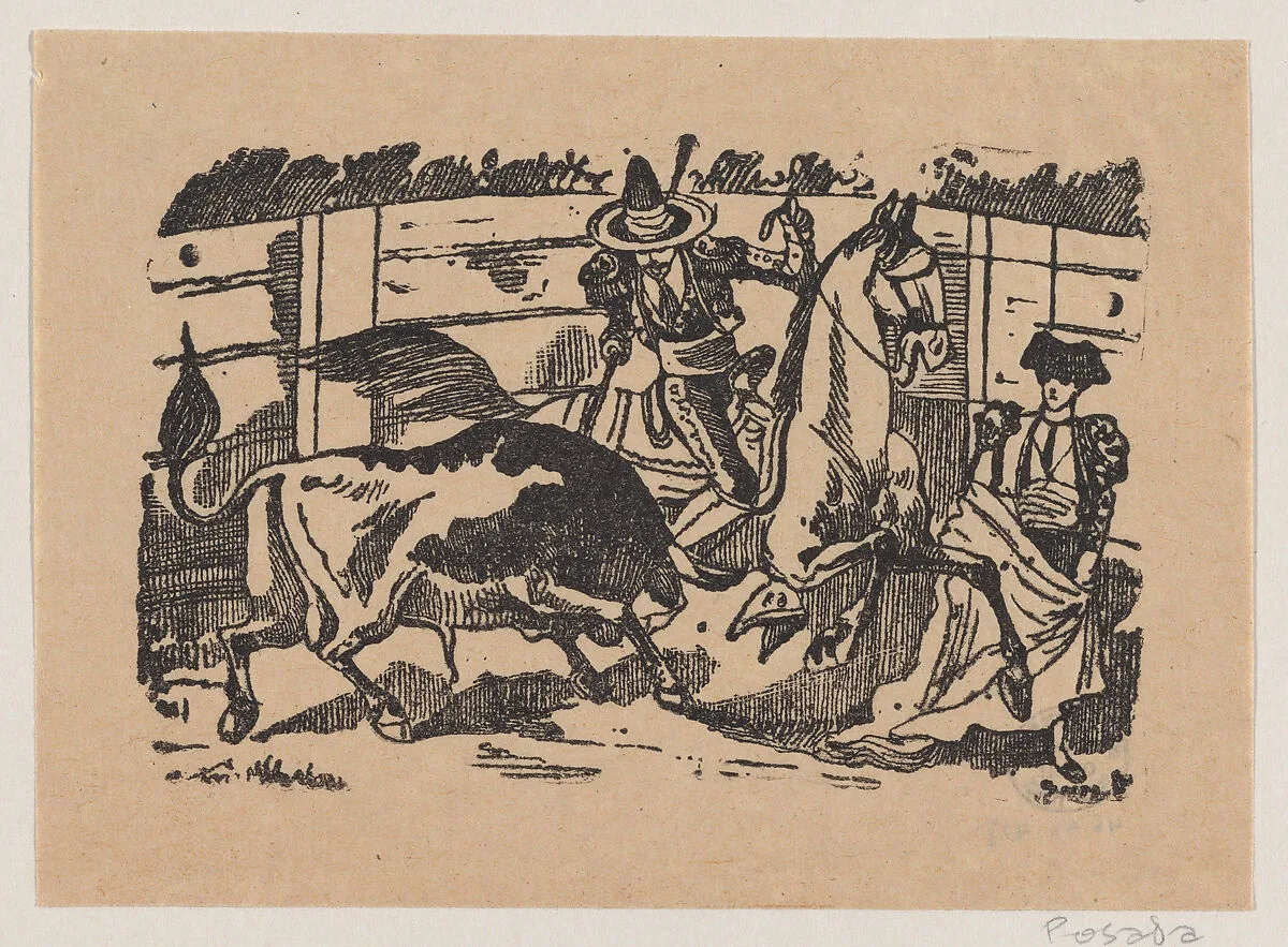 A picador on horseback stabbing a bull — José Guadalupe Posada