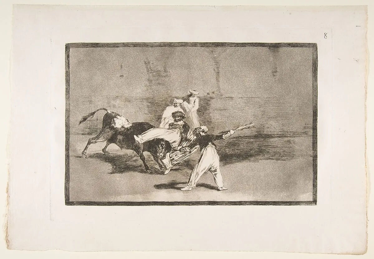 Plate 8 from "La Tauromaquia": A Moor caught by the bull in the ring — Goya (Francisco de Goya y Lucientes)