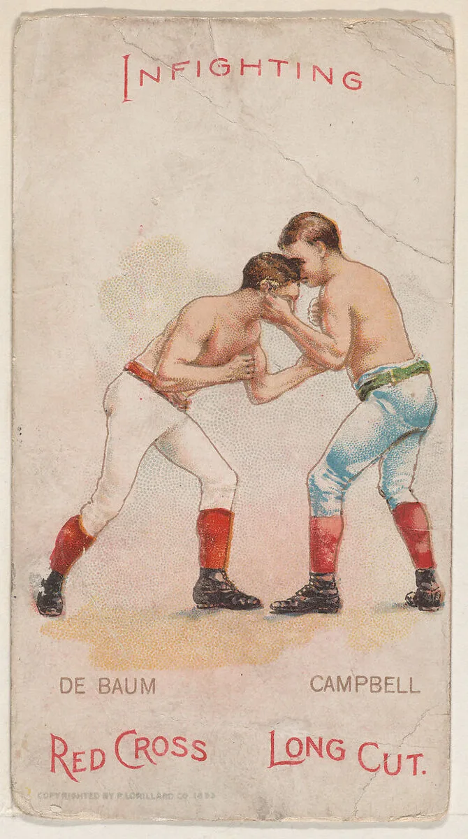 Infighting, Walter De Baum and Walter Campbell, from the Boxing Positions and Boxers series (N266) issued by P. Lorillard Company to promote Red Cross Long Cut Tobacco — P. Lorillard Company|H.A. Thomas & Wylie Lithographer Co., New York