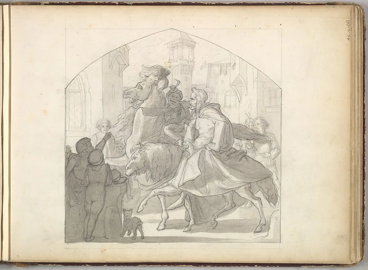 A Man and a Monkey Riding on Horseback (in Sketch Book With Drawings on Twenty-six Leaves) — Frederic, Lord Leighton