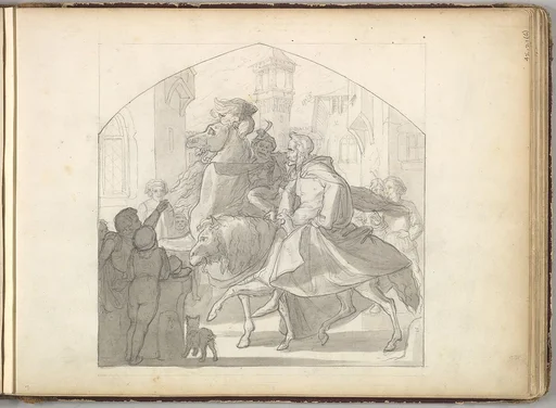 A Man and a Monkey Riding on Horseback (in Sketch Book With Drawings on Twenty-six Leaves)