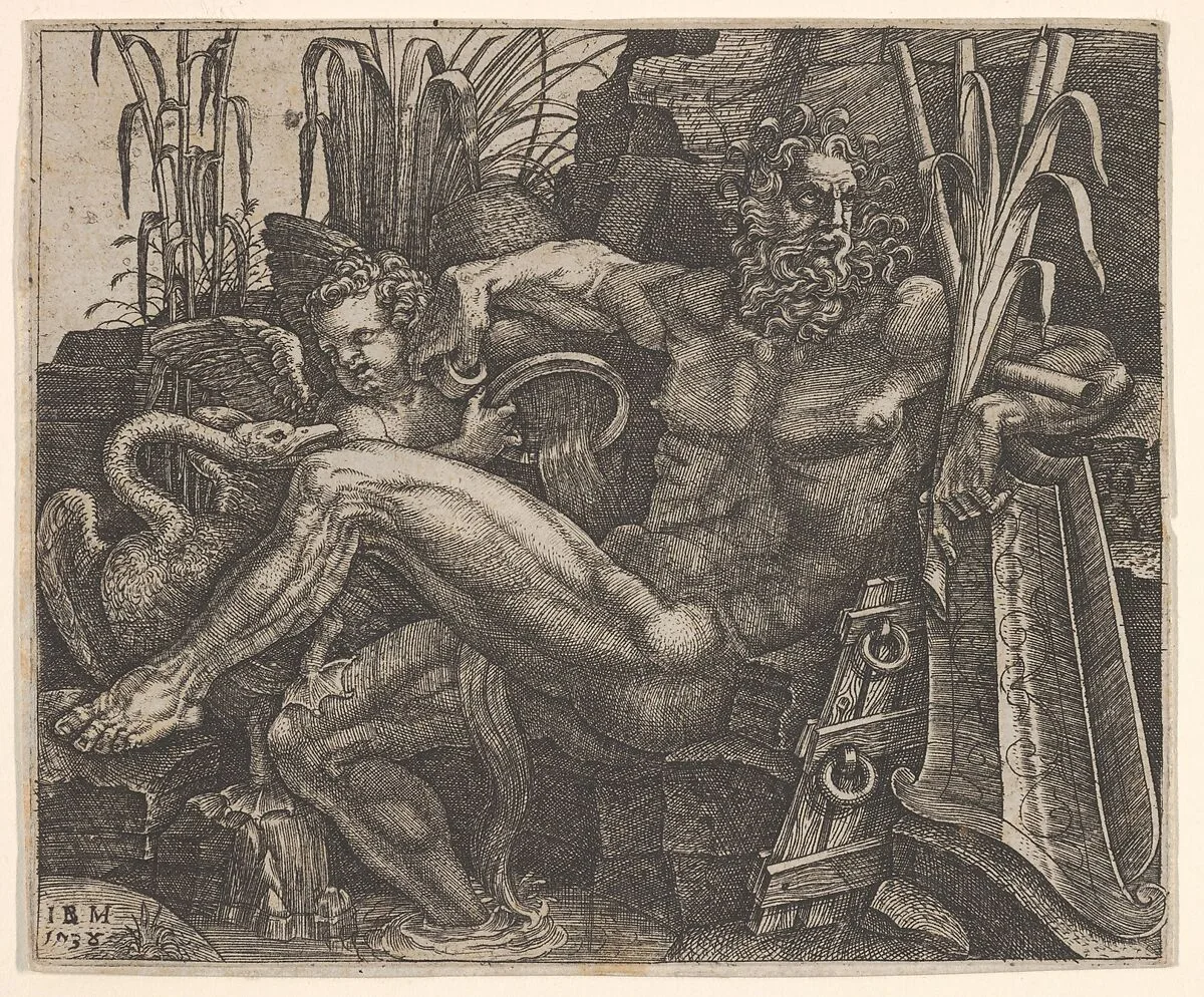 River God Po reclining on a rocky bank, a winged putto and long-necked water bird stand behind his legs — Giovanni Battista Scultori