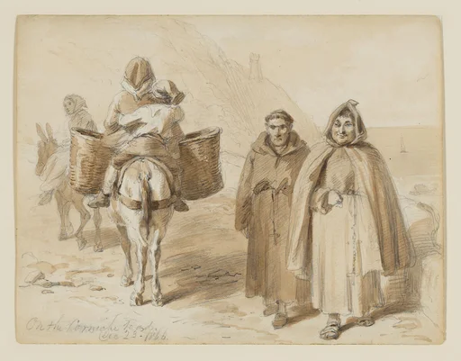 Road scene beside the sea with two women on donkeys (one with a child) and two monks walking.
