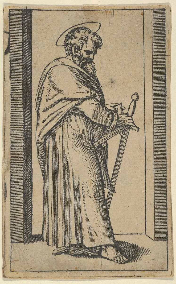 Saint Paul holding a book and a sword facing right — Marcantonio Raimondi