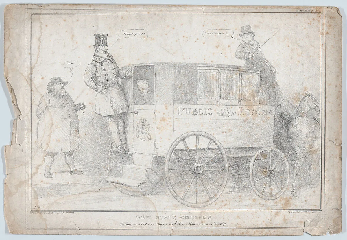 New State Omnibus, or, The Man wot is Cad to the Man wot was Cad to the Man wot drove the Sovereign — Arthur Wellesley, 1st Duke of Wellington|Ducôte and Stephen|William IV, King of the United Kingdom of Great Britain and Ireland|Sir Robert Peel|John Doyle|Thomas McLean