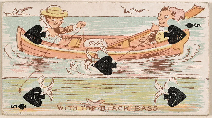 Five of Spades, With the Black Bass, from Harlequin Cards, 2nd Series (N220) issued by Kinney Bros. — Kinney Brothers Tobacco Company