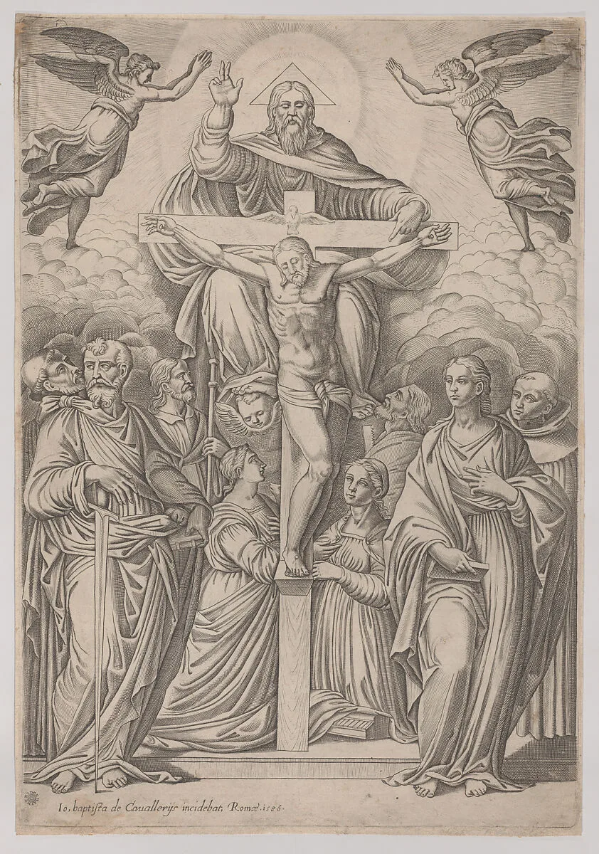 The Trinity, with the crucifixion at center and saints to both sides — Giovanni Battista Cavalieri|Livio Agresti da Forlì