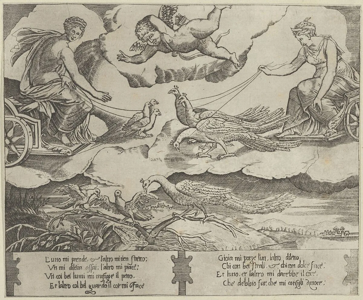 Allegory of Marriage and Love; Juno in a chariot drawn by peacocks at right,Venus in a chariot drawn by three doves at the left — Anonymous, 16th century|Master of the Die|Raphael (Raffaello Sanzio or Santi)