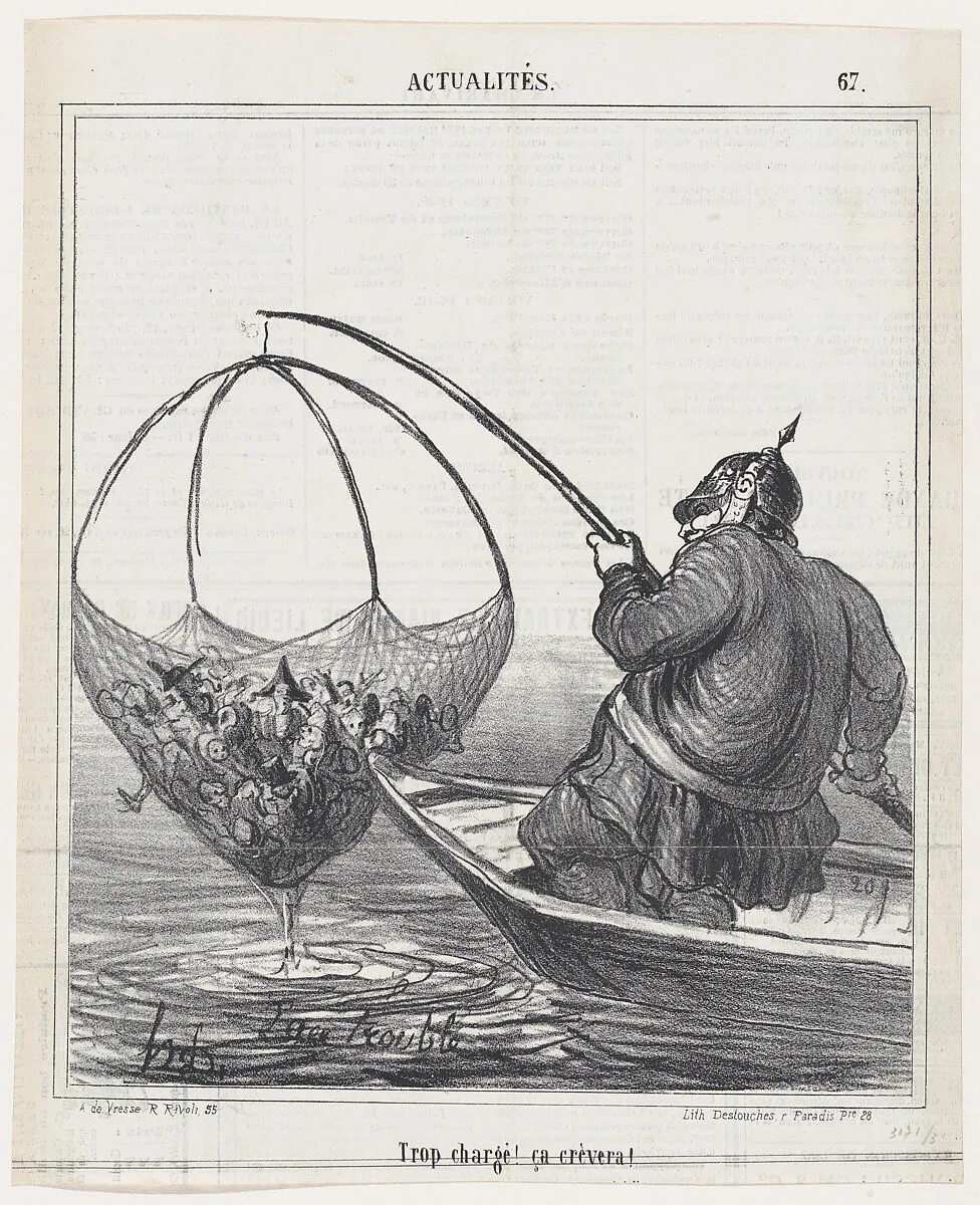 Overloaded! It is going to burst!, from 'News of the day,' published in Le Charivari, April 16, 1867 — Destouches|Arnaud de Vresse|Honoré Daumier