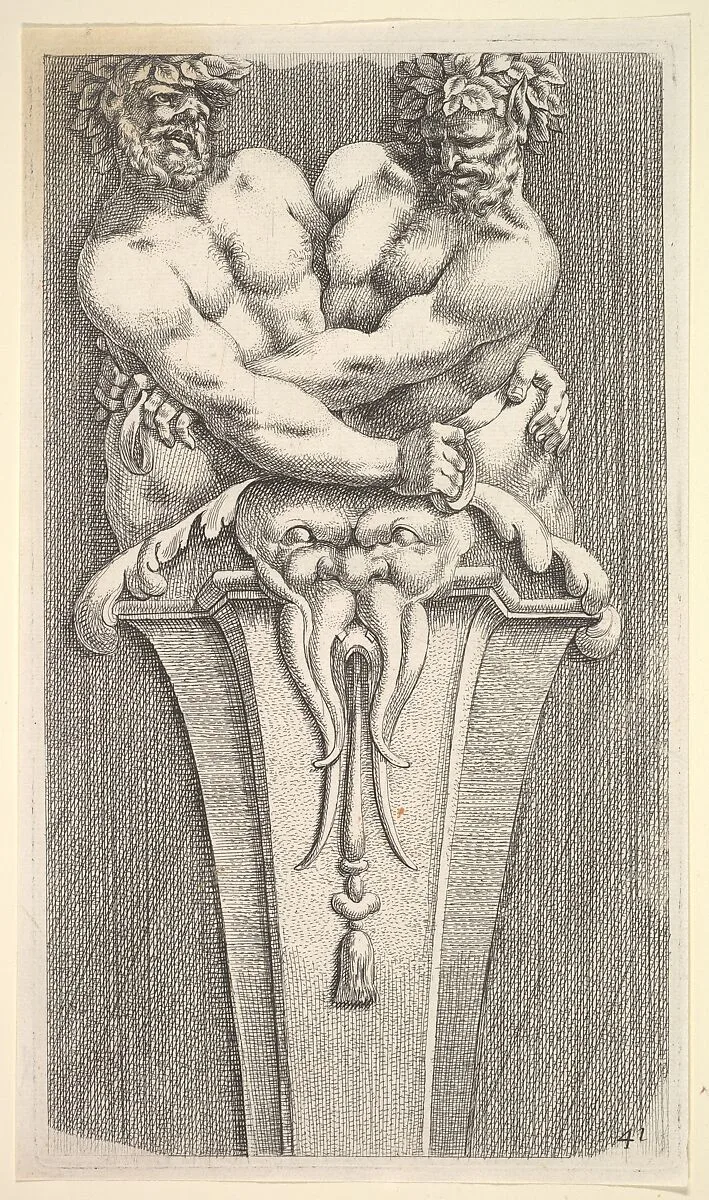 Design for a Term with Two Bacchic Figures, from: Curieuses recherches de plusieurs beaus morceaus d'ornemens antiques et modernes (...) — Adam Philippon|Jean Le Pautre