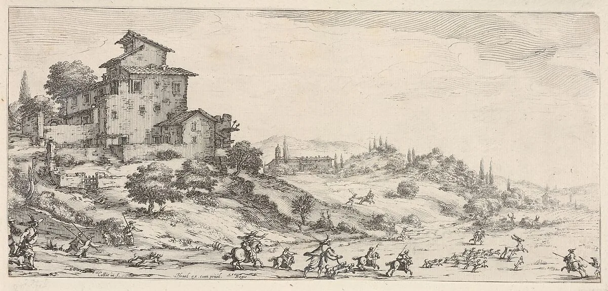 Hunters on horses and on foot, with hounds pursuing a stag, and two buildings in a hilly landscape, from the series 'Italian landscapes' (Diverse vedute designate in Fiorenza / Paysages italiens) — Jacques Callot|Israël Henriet