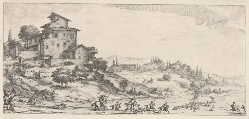 Hunters on horses and on foot, with hounds pursuing a stag, and two buildings in a hilly landscape, from the series 'Italian landscapes' (Diverse vedute designate in Fiorenza / Paysages italiens)