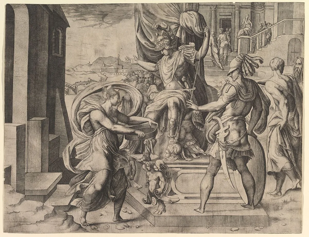Rome emperor on a throne, vestal virgin Tuccia holding a sieve approaching from the left — Master FG|Giulio Bonasone