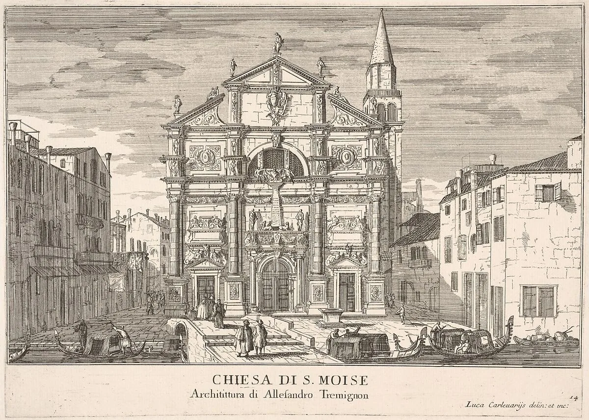Plate 14: View of the facade of St. Moses church, Venice, 1703, from "The buildings and views of Venice" (Le fabriche e vedute di Venezia) — Luca Carlevaris|Alessandro Tremignon