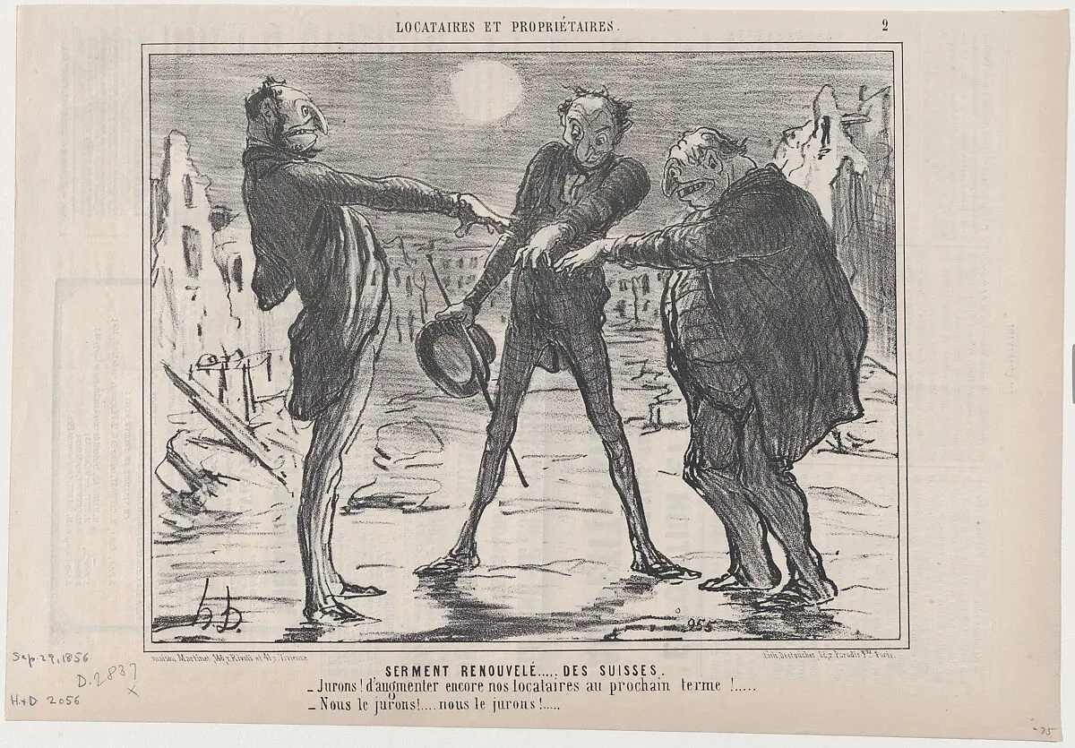 Serment Renouvelé...des Suisses, from Locataires et Propriétaires, published in Le Charivari, September 29, 1856 — Aaron Martinet|Honoré Daumier|Destouches