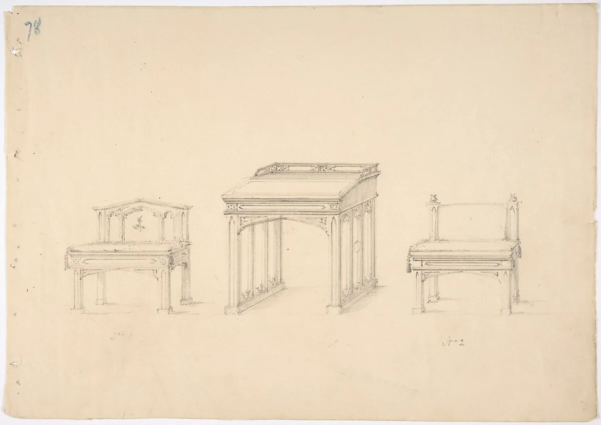 Design for a Gothic Desk and Two Low Chairs — Anonymous, British, 19th century