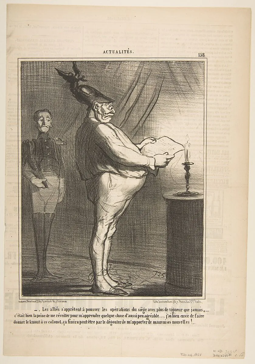 Les allies s'apprètent à pousser les opérations du siège avec plus de vigueur que jamais…, from Actualités, published in Le Charivari, February 26, 1855 — Aaron Martinet|Honoré Daumier|Destouches