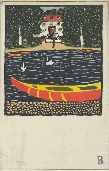 Pond with Boat and Swans — Carl Krenek|Wiener Werkstätte