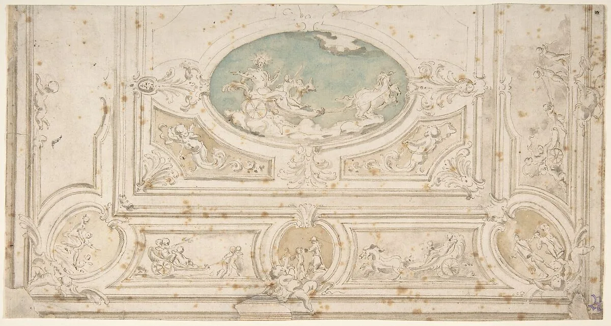 Design for a Ceiling with Apollo on his Wagon in the Central Compartment — Anonymous, Italian, Bolognese 18th century artist