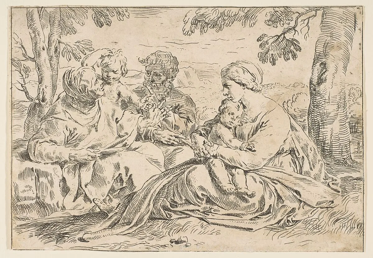 Holy Family with Saint Elizabeth and Saint John the Baptist, copy in reverse after Cantarini — Simone Cantarini
