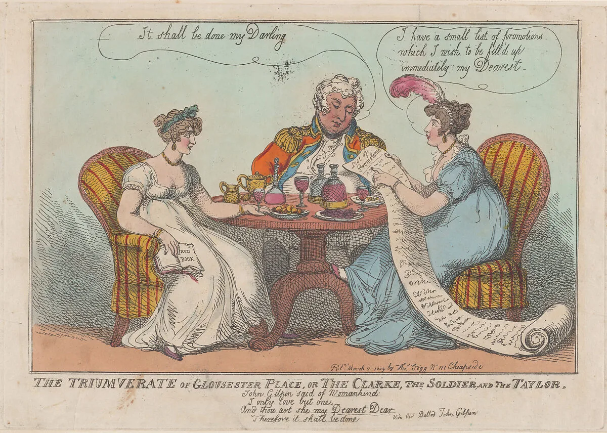 The Triumverate of Gloucester Place, or The Clarke, The Soldier, and The Taylor — Mary Anne Clarke|Thomas Tegg|Thomas Rowlandson