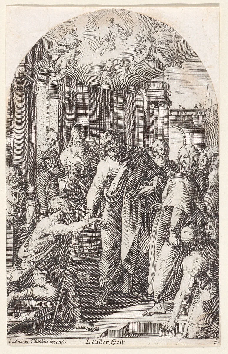 St. Peter and St. John Healing the Lame at the Gates of the Temple, plate 6 from "Les Tableaux de Rome, Les Eglises Jubilaires" (The Paintings of Rome, The Churches Jubilee) — Jacques Callot|Cigoli (Ludovico Cardi)