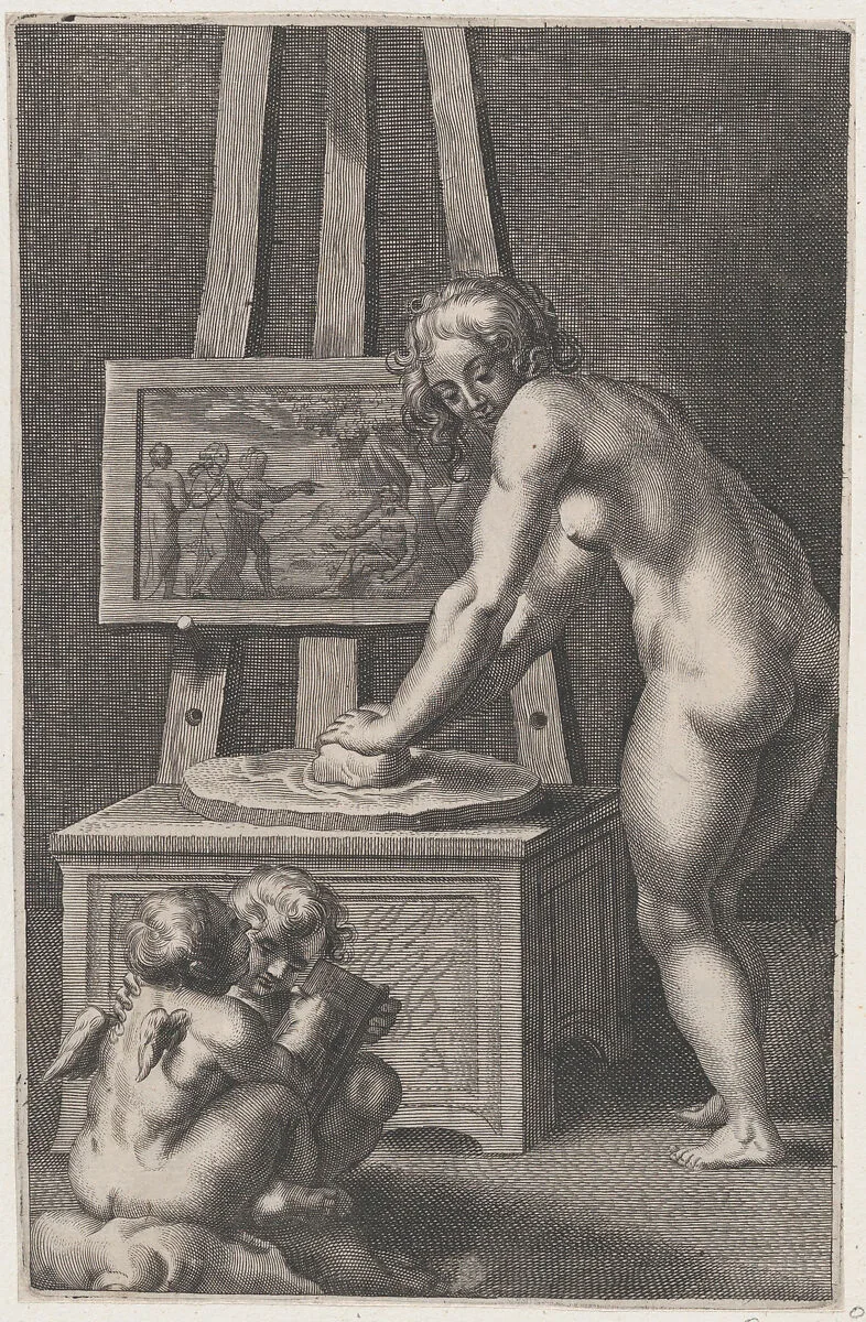 Pictura: allegory of painting, with a nude woman at center grinding pigments, two putti drawing at lower left — Peter Paul Rubens|Cornelis Galle I|Anonymous