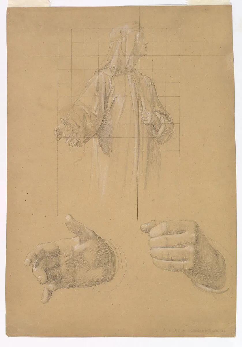 Study of a Standing Man with Headcloth and Two Studies of his Hands — Wilhelm Schadow