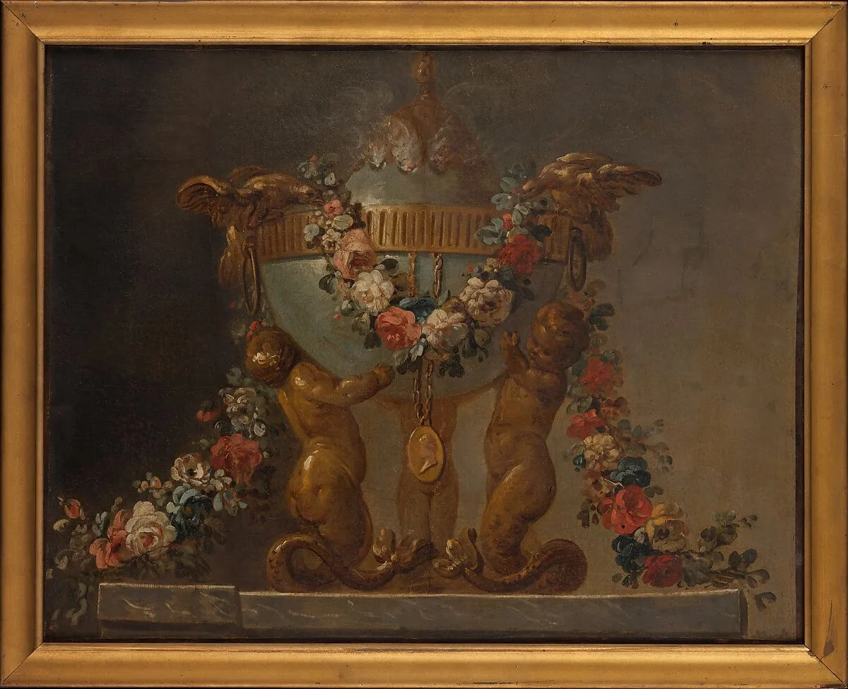 Perfume-burner supported by baby tritons and garlanded with flowers — French Painter