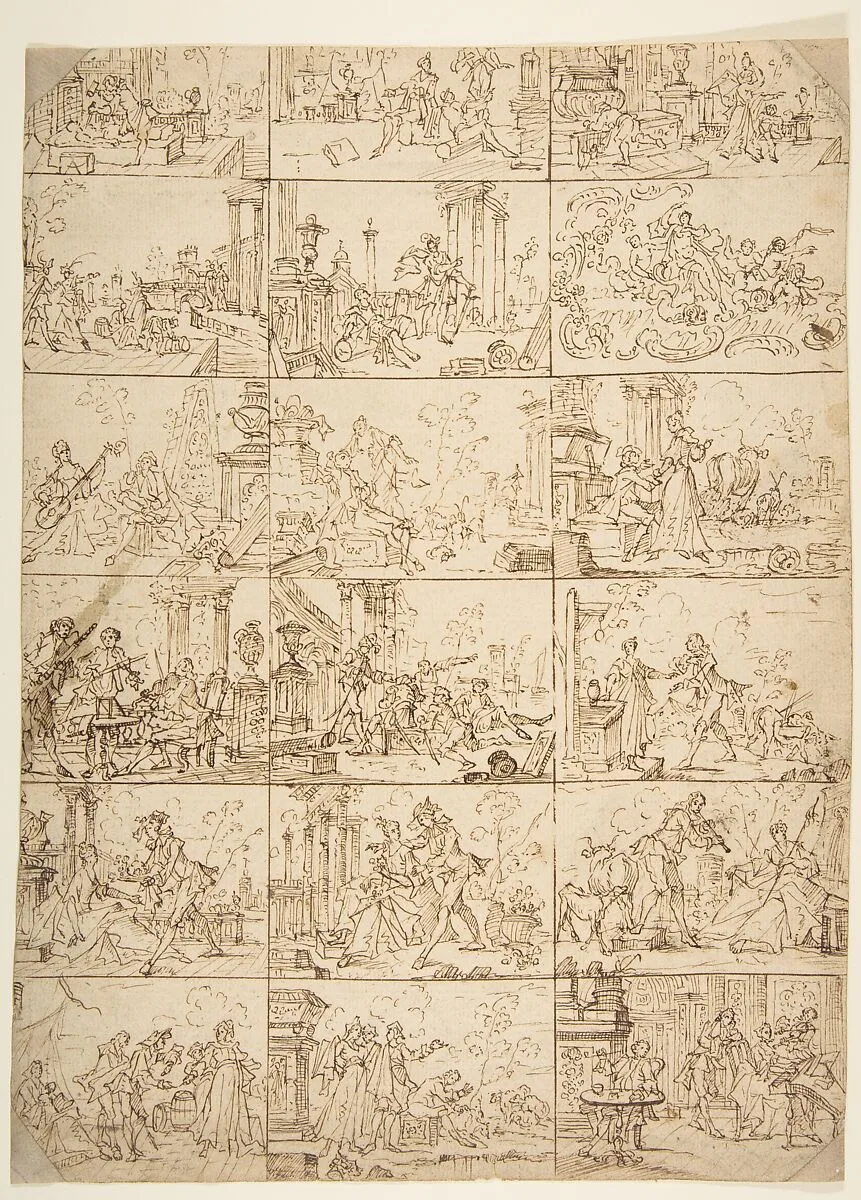 Eighteen Scenes of Courtship (recto), Study of Two Men Meeting Before a Portico — Anonymous, French, 18th century