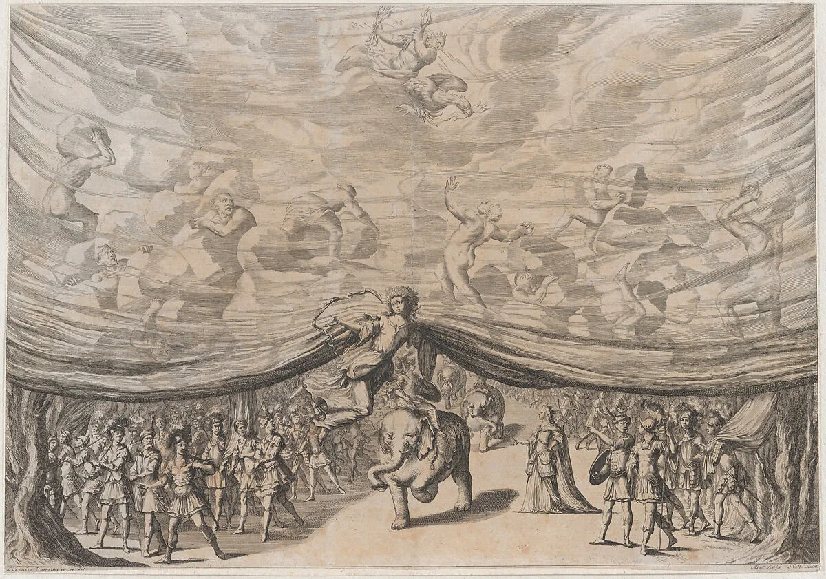 Prologue; the stage curtain is lifted to reveal a soldier on an elephant surrounded by his army; above Jupiter and his eagle look down on men carrying boulders; set design from 'La Monarchia Latina Trionfante' — Mathäus Küsel|Ludovico Ottaviano Burnacini