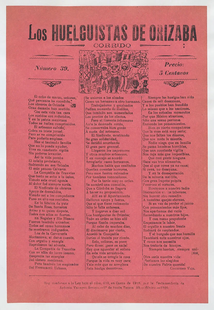 Broadsheet relating to a worker's strike in Orizaba, workers holding up the Mexican flag, flanked by soldiers — José Guadalupe Posada|Antonio Vanegas Arroyo