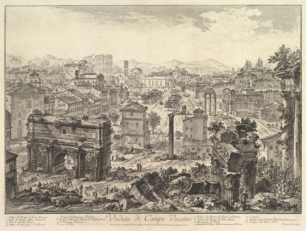 The Forum Romanum, or Campo Vaccino, from the Capitol, with the Arch of Septimius in the foreground left, Temple of Vespian right, and the Colosseum in the distance (Veduta di Campo Vaccino) — Giovanni Battista Piranesi
