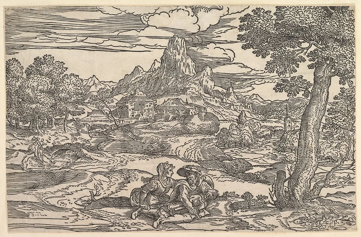 Landscape with a woman seated next to a man playing a hurdy-gurdy — Domenico Campagnola
