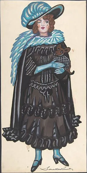 Woman in a black dress and blue boa holding a dog — Sergey Sudeykin