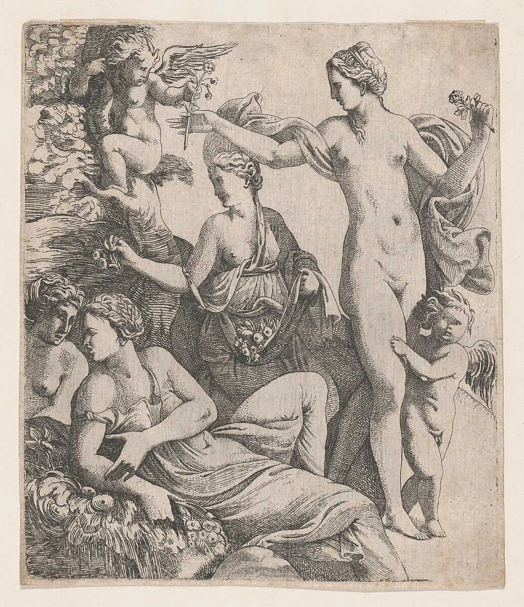 Venus, standing with the three Graces, is offered a flower from a putto — Pierre Biard II