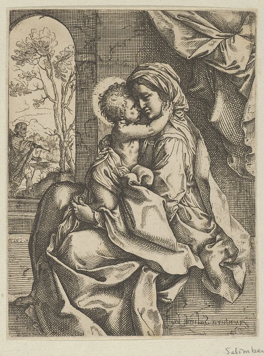 The Virgin seated with the Christ Child on her lap embracing her, Joseph seen through an archway at left, after Reni — Guido Reni|Ventura Salimbeni